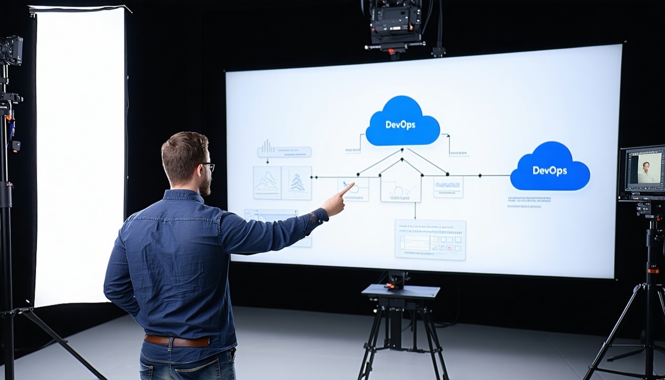 DevOps video production in action, featuring a technical expert presenting cloud infrastructure concepts